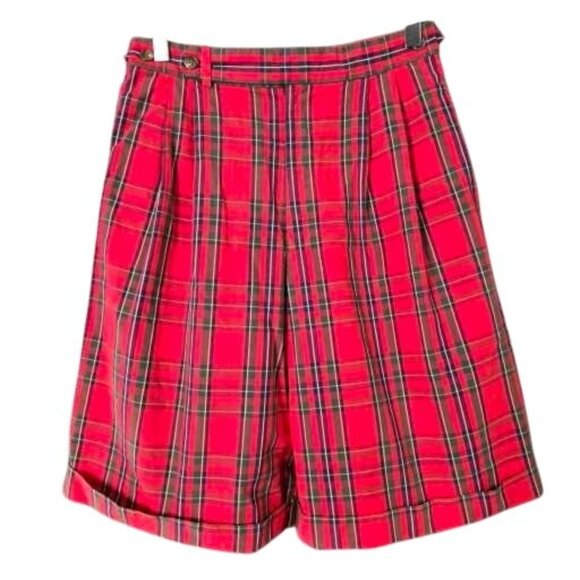 Vintage Ralph Lauren Women's Red Plaid HIgh Rise Shorts Pleated Academia Holiday - Picture 1 of 8